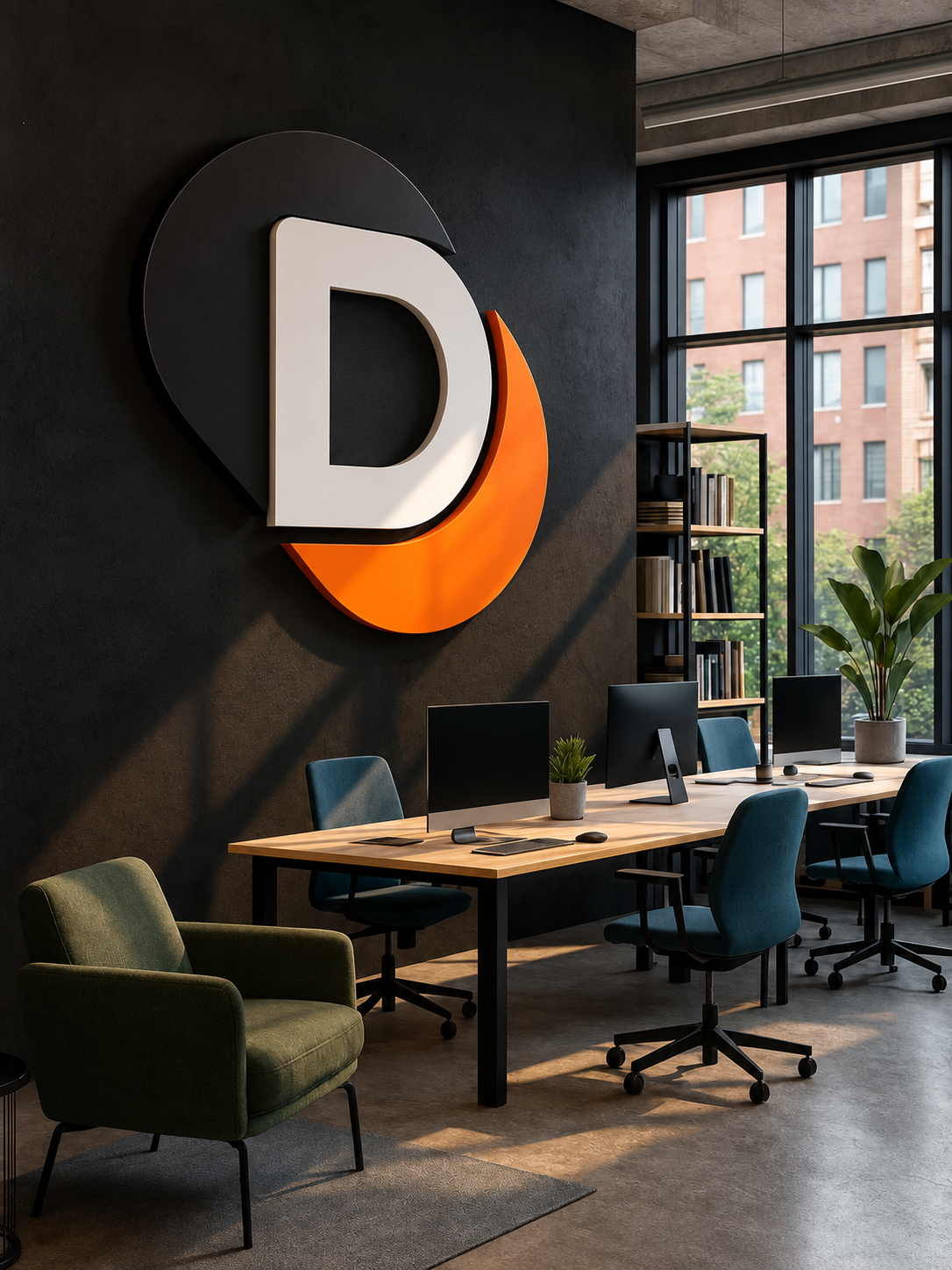 Espace de travail Devora Agency avec son logo blanc et orange sur un mur sombre