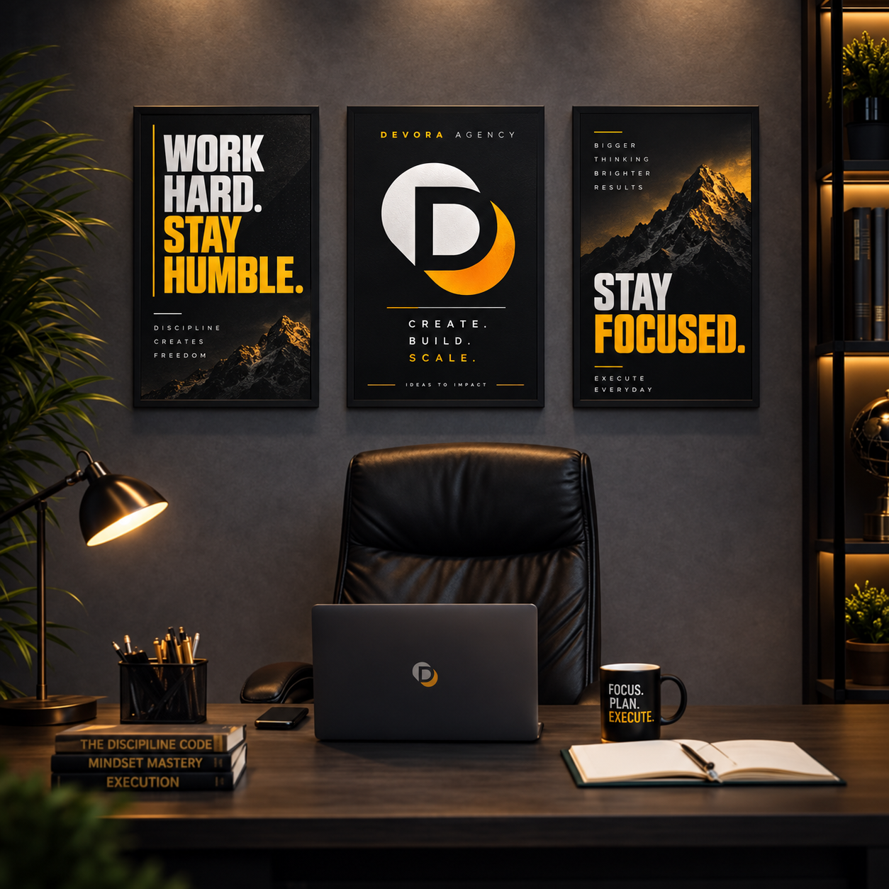 Bureau Devora avec trois affiches encadrées, le logo de l’agence au centre et un ordinateur sur le bureau